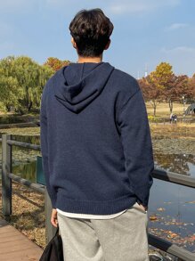 DAZY Men Solid Kangaroo Pocket Drop Shoulder Drawstring Hooded Jumper - Navy Blue - View 2