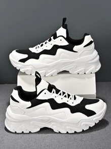 Men Two Tone Lace-up Front Chunky Sneakers - Black and White - View 1