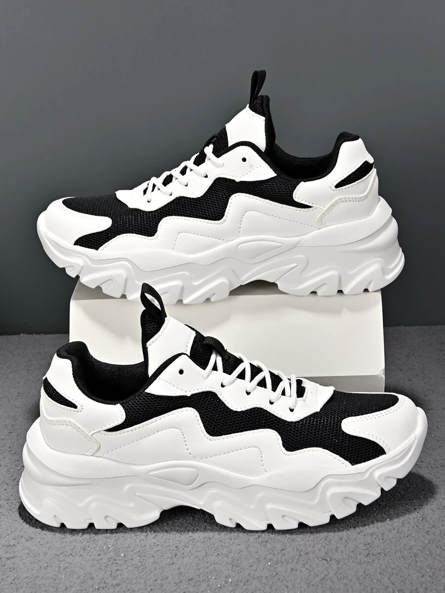Men Two Tone Lace-up Front Chunky Sneakers - Black and White - View 1