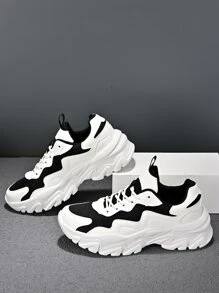 Men Two Tone Lace-up Front Chunky Sneakers - Black and White - View 4