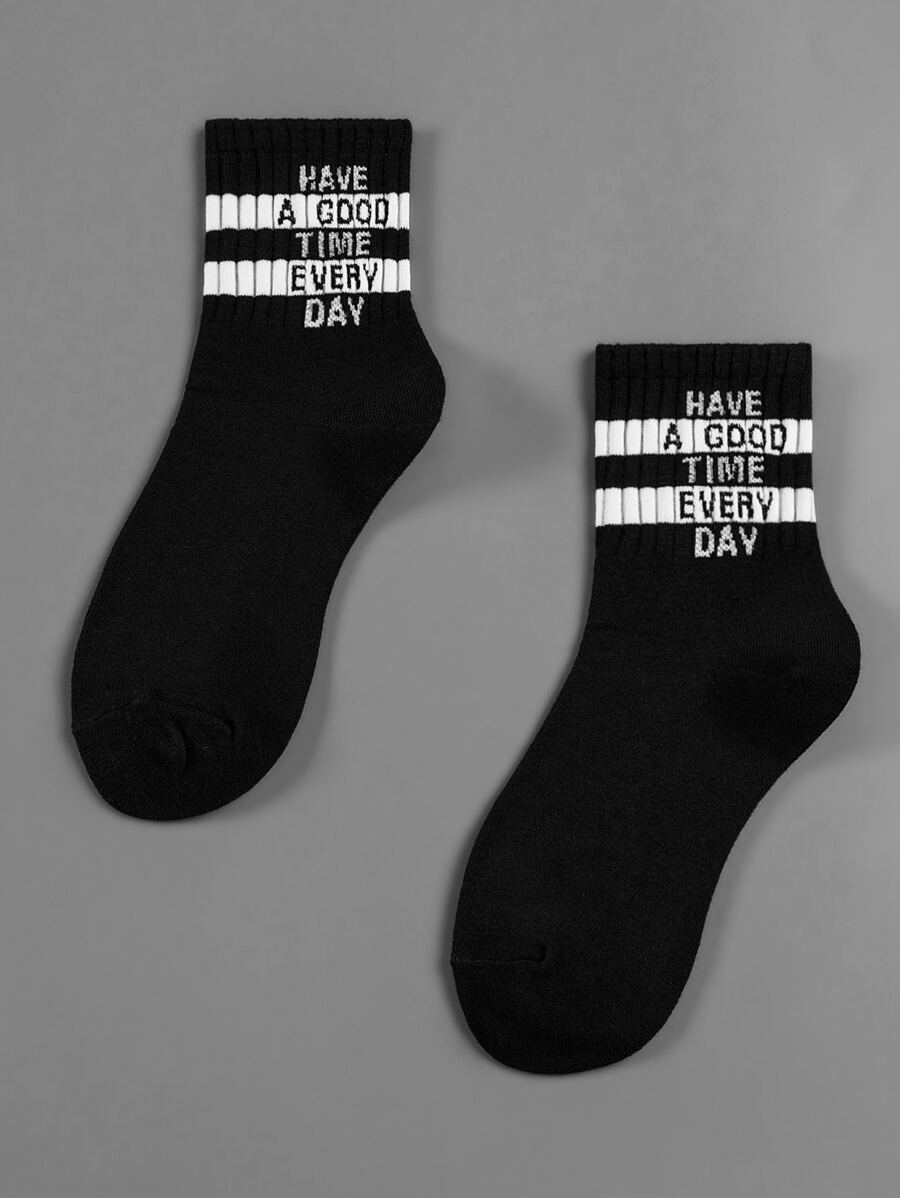 Men Slogan Graphic Crew Socks - Black - View 1