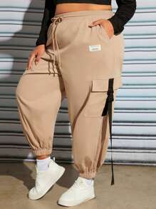 SHEIN CURVE+ Plus Letter Patched Detail Flap Pocket Drawstring Waist Cargo Trousers - Khaki - View 2