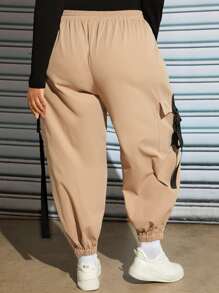 SHEIN CURVE+ Plus Letter Patched Detail Flap Pocket Drawstring Waist Cargo Trousers - Khaki - View 3