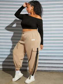 SHEIN CURVE+ Plus Letter Patched Detail Flap Pocket Drawstring Waist Cargo Trousers - Khaki - View 5