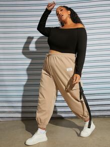 SHEIN CURVE+ Plus Letter Patched Detail Flap Pocket Drawstring Waist Cargo Trousers - Khaki - View 6