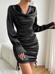 Allurite Draped Collar Drawstring Side Satin Bodycon Dress - Black - View 5
