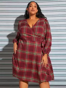 SHEIN CURVE+ Plus Plaid Print Lantern Sleeve Belted Dress - Burgundy - View 1
