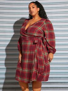 SHEIN CURVE+ Plus Plaid Print Lantern Sleeve Belted Dress - Burgundy - View 2