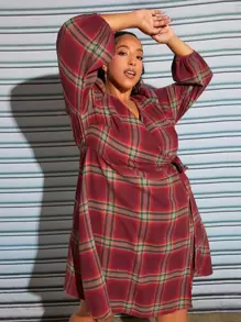 SHEIN CURVE+ Plus Plaid Print Lantern Sleeve Belted Dress - Burgundy - View 5
