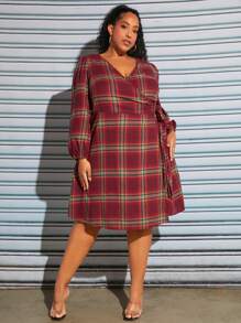 SHEIN CURVE+ Plus Plaid Print Lantern Sleeve Belted Dress - Burgundy - View 6
