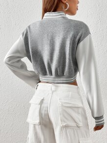 SHEIN Unity Letter Patched Detail Striped Trim Drop Shoulder Crop Varsity Jacket - Light Grey - View 2