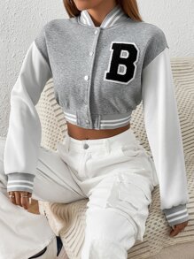 SHEIN Unity Letter Patched Detail Striped Trim Drop Shoulder Crop Varsity Jacket - Light Grey - View 3