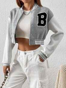 SHEIN Unity Letter Patched Detail Striped Trim Drop Shoulder Crop Varsity Jacket - Light Grey - View 4