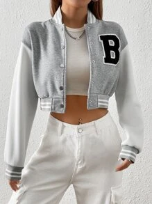 SHEIN Unity Letter Patched Detail Striped Trim Drop Shoulder Crop Varsity Jacket - Light Grey - View 5
