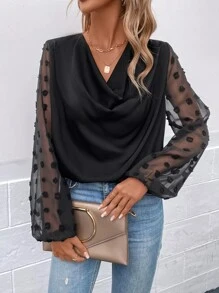 SHEIN Essnce Draped Collar Lantern Sleeve Contrast Mesh Blouse - Black - View 2