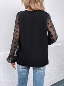 SHEIN Essnce Draped Collar Lantern Sleeve Contrast Mesh Blouse - Black - View 3
