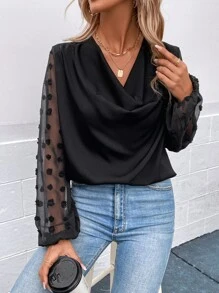 SHEIN Essnce Draped Collar Lantern Sleeve Contrast Mesh Blouse - Black - View 4