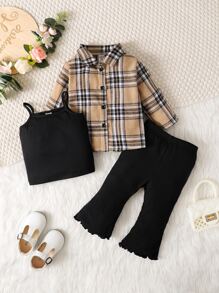 Baby Girl Plaid Shirt & Lettuce Trim Flare Leg Pants & Solid Cami Top - Multicolor - View 1
