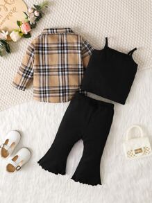 Baby Girl Plaid Shirt & Lettuce Trim Flare Leg Pants & Solid Cami Top - Multicolor - View 2