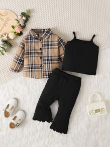 Baby Girl Plaid Shirt & Lettuce Trim Flare Leg Pants & Solid Cami Top - Multicolor - View 3