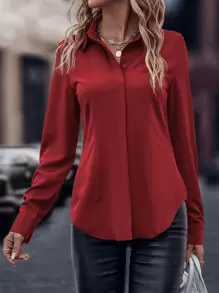 EMERY ROSE Solid Curved Hem Shirt - Red - View 1