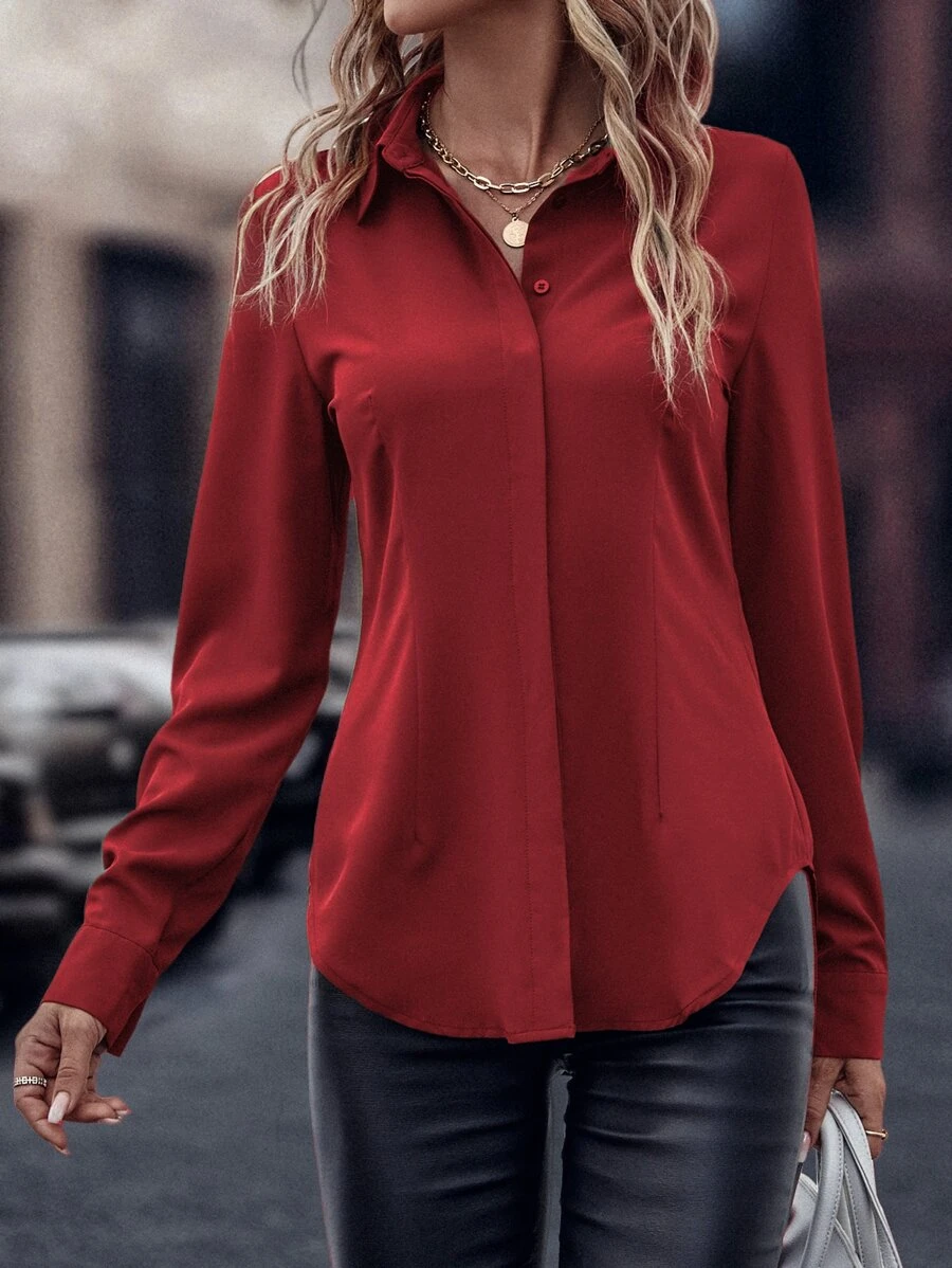 EMERY ROSE Solid Curved Hem Shirt - Red - View 1