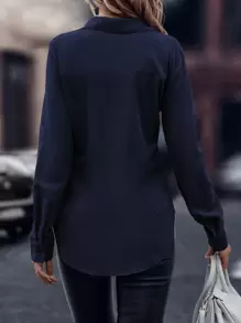 EMERY ROSE Solid Curved Hem Button Through Shirt,Long Sleeve Tops Fall Cloth For Women - Navy Blue - View 2
