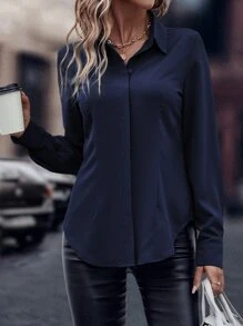 EMERY ROSE Solid Curved Hem Button Through Shirt,Long Sleeve Tops Fall Cloth For Women - Navy Blue - View 3