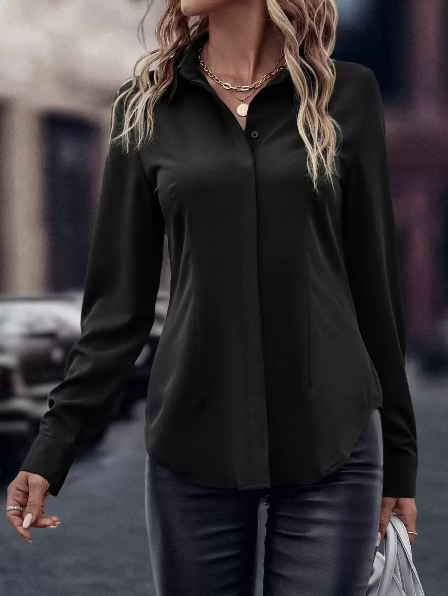 EMERY ROSE Solid Curved Hem Shirt,Ladies Casual Button Long Sleeve Collar Regular Fit Long Black Regular Sleeve Shirt Women Blouses,Spring/Fall ,Professional/Business Attire/Workwear,Long Sleeve Tops - Black - View 1