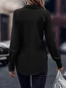 EMERY ROSE Solid Curved Hem Shirt,Ladies Casual Button Long Sleeve Collar Regular Fit Long Black Regular Sleeve Shirt Women Blouses,Spring/Fall ,Professional/Business Attire/Workwear,Long Sleeve Tops - Black - View 2