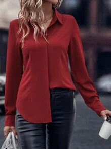 EMERY ROSE Solid Curved Hem Shirt - Red - View 4