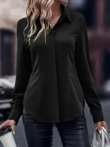 EMERY ROSE Solid Curved Hem Shirt,Ladies Casual Button Long Sleeve Collar Regular Fit Long Black Regular Sleeve Shirt Women Blouses,Spring/Fall ,Professional/Business Attire/Workwear,Long Sleeve Tops - Black - View 4