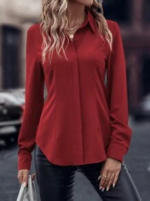 EMERY ROSE Solid Curved Hem Shirt - Red - View 6
