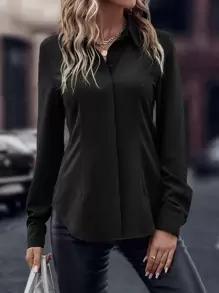 EMERY ROSE Solid Curved Hem Shirt,Ladies Casual Button Long Sleeve Collar Regular Fit Long Black Regular Sleeve Shirt Women Blouses,Spring/Fall ,Professional/Business Attire/Workwear,Long Sleeve Tops - Black - View 5