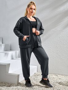 Plus Softness Drop Shoulder Zipper Hooded Sports Jacket & Joggers - Dark Grey - View 3