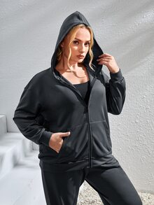 Plus Softness Drop Shoulder Zipper Hooded Sports Jacket & Joggers - Dark Grey - View 4