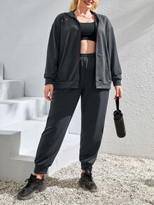 Plus Softness Drop Shoulder Zipper Hooded Sports Jacket & Joggers - Dark Grey - View 5