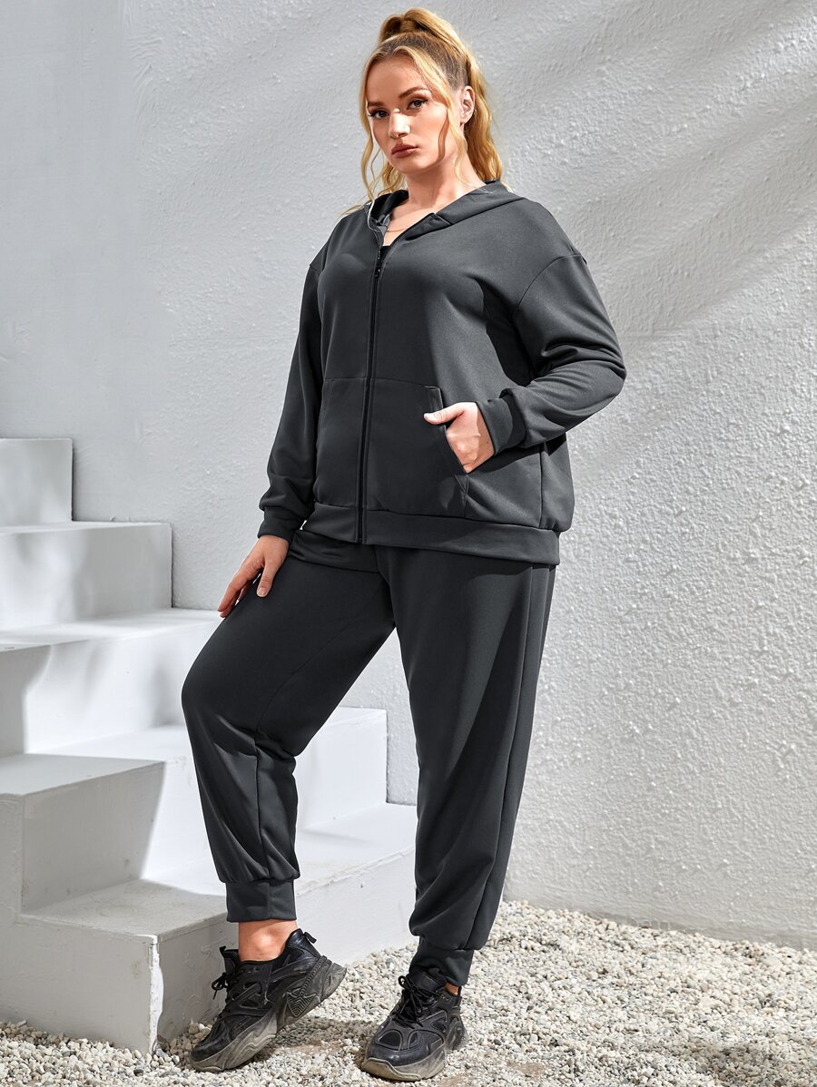 Plus Softness Drop Shoulder Zipper Hooded Sports Jacket & Joggers - Dark Grey - View 1