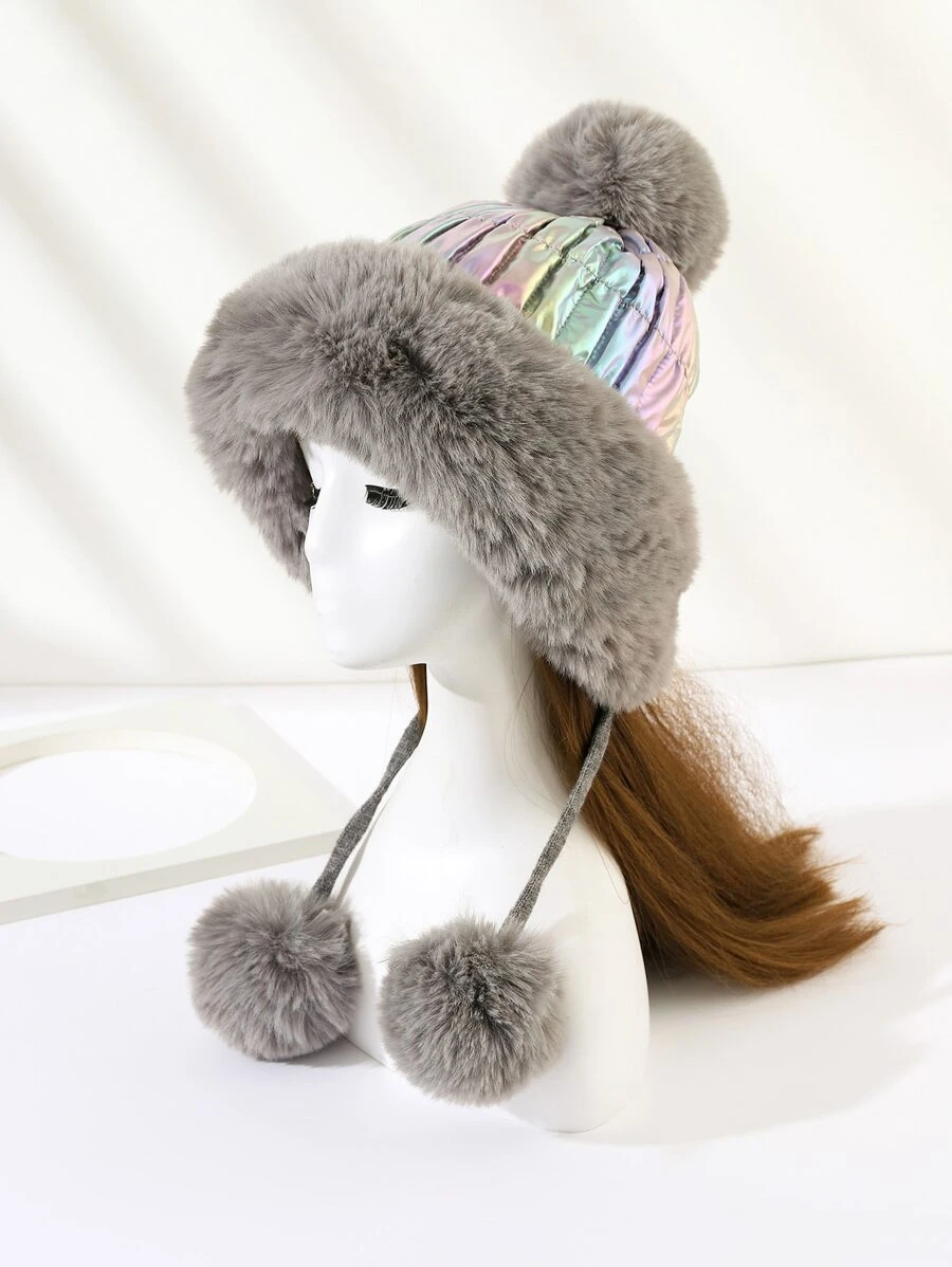 Holographic Pompom Decor Fuzzy Hat - Grey - View 1