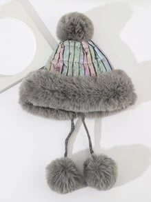 Holographic Pompom Decor Fuzzy Hat - Grey - View 2