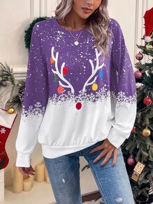 SHEIN LUNE Sudadera con estampado de Navidad de manga raglán - Morado - Ver 3