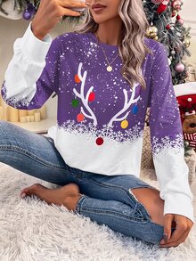 SHEIN LUNE Sudadera con estampado de Navidad de manga raglán - Morado - Ver 6