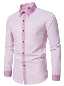Manfinity Mode Men Contrast Trim Button Up Shirt - Baby Pink - View 3