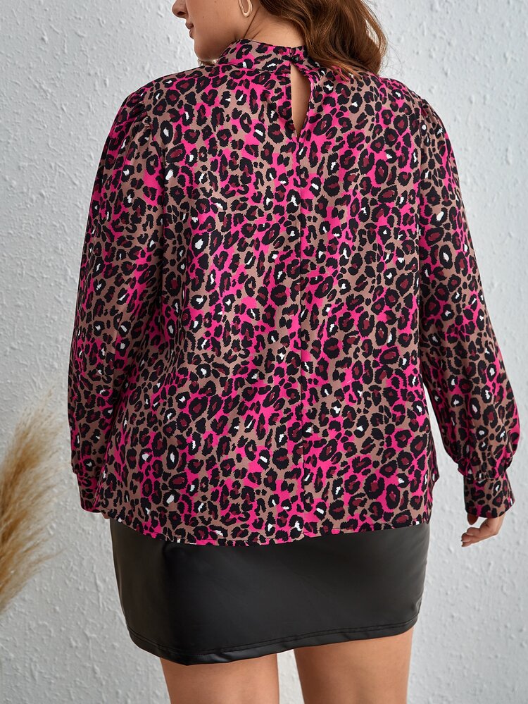 Plus Leopard Print Mock Neck Blouse