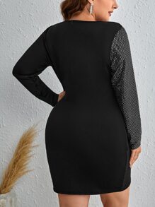 SHEIN Clasi 大碼拼接亮片圍裹緊身連衣裙 - 黑色 - 查看 3