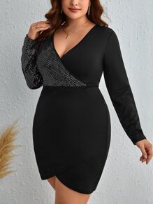 SHEIN Clasi 大碼拼接亮片圍裹緊身連衣裙 - 黑色 - 查看 4