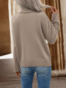 SHEIN LUNE Jersey cuello alto de hombros caídos - Caqui - Ver 2