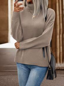 SHEIN LUNE Jersey cuello alto de hombros caídos - Caqui - Ver 3
