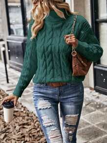 EMERY ROSE 麻花編織高領落肩袖套頭毛衣 - 墨綠色 - 查看 1