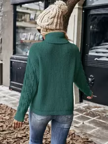 EMERY ROSE 麻花編織高領落肩袖套頭毛衣 - 墨綠色 - 查看 2